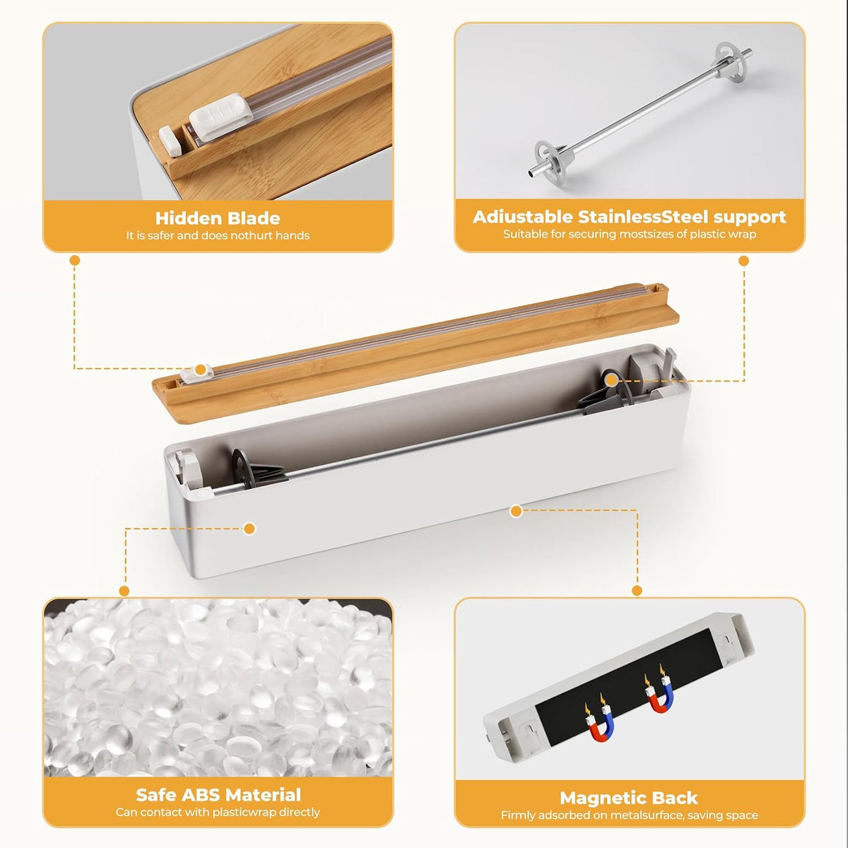 Magnetic Plastic Wrap Dispenser with Cutter - Quasziwa Upgrade Practical Refillable Cling Wrap Aluminum Tin Foil Organizer for Drawer, Include an Extra Roll of 12"X 164' Food Cling Film - Wood Grain