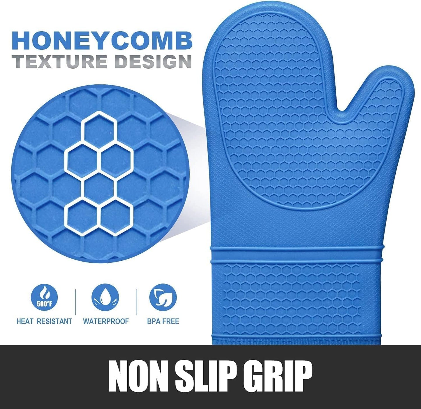 RORECAY Silicone Oven Mitts and Pot Holders Sets, Gloves for Kitchen, Blue | Set of 6 Kitchen Mitts for Baking &amp; Cooking, Heat Resistant 500 ℉, 15" Extra Long, Non-Slip &amp; Waterproof, Quilted Cotton