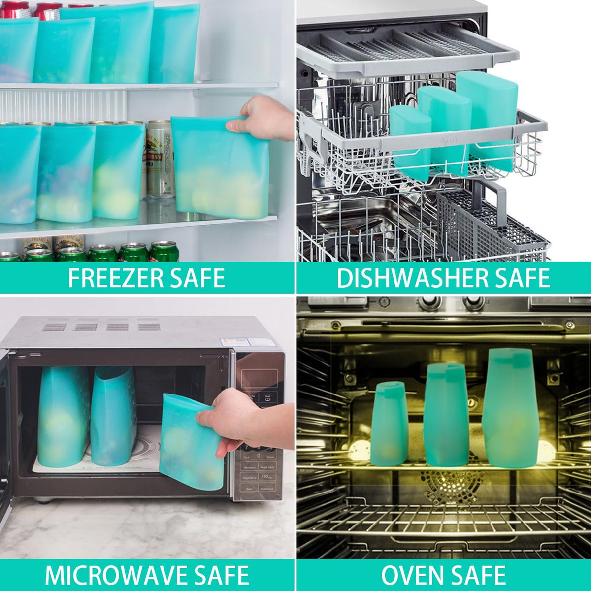 Reusable Food Bags, 12 Pack 100% Silicone Food Storage Bags Stand Up Zip Lock Container, Freezer Microwave Oven Dishwasher Safe, 4 Medium 4 Small 4 Extra Small, Aqua