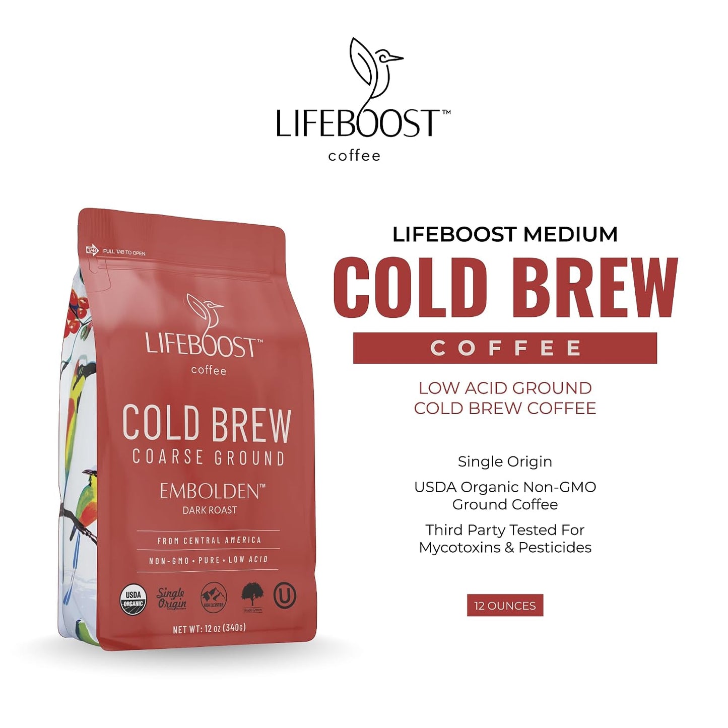Lifeboost Dark Cold Brew Coffee - Single Origin Non-GMO USDA Organic Low Acid Coarse Ground Coffee for Cold Brew - 3rd Party Tested For Mycotoxins &amp; Pesticides - 12 Ounces