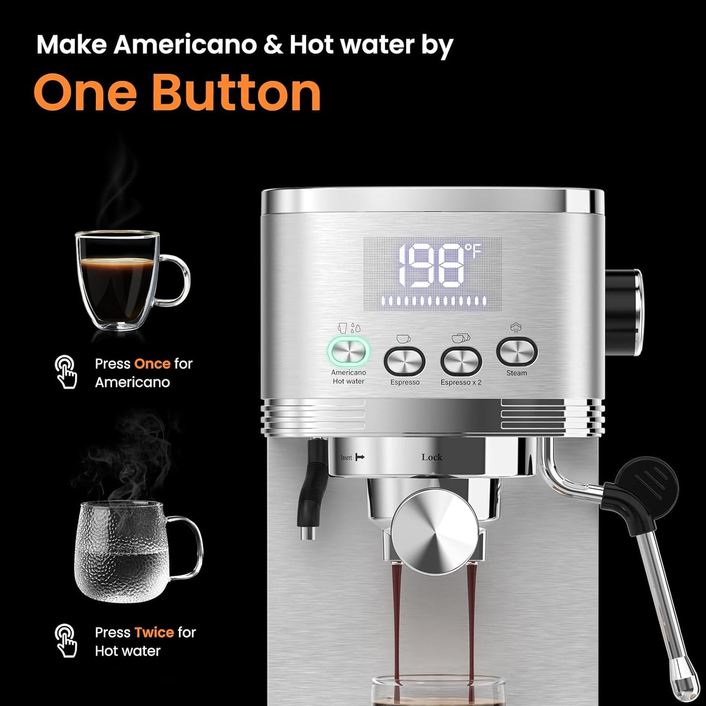 Espresso Machine 20 Bar Temperature Control LED Display Expresso Machine for Home with Steam Milk Frother for Cappuccino Latte Stainless Steel