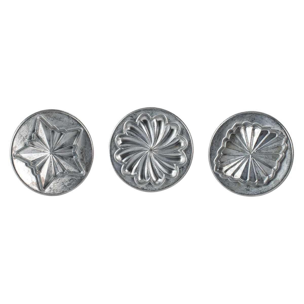 Nordic Ware Pretty Pleated Cookie Stamps Silver Cast Aluminum with Wood Handles
