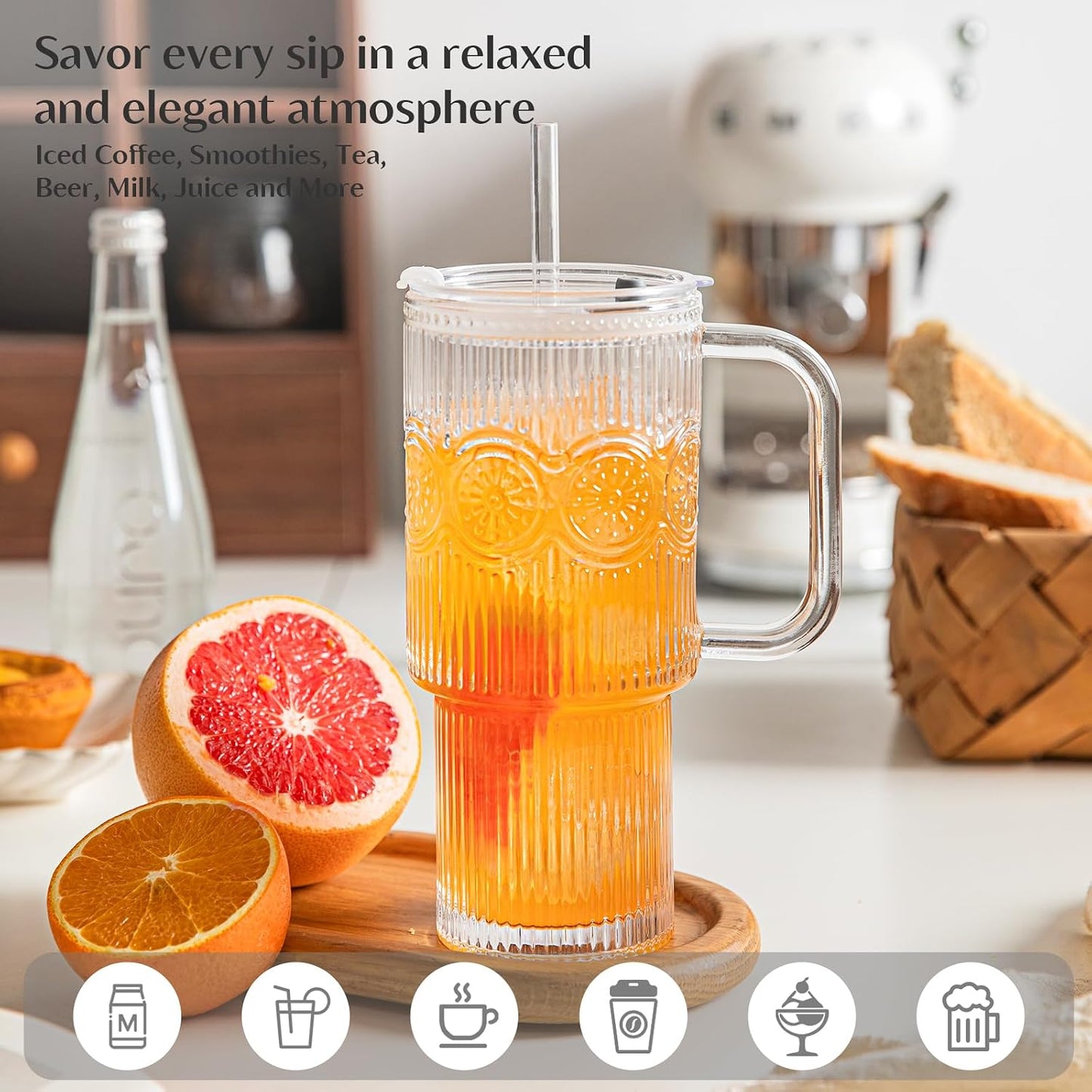 INSETLAN 24 oz Ribbed &amp; Floral Glass Tumblers with Handle, Set of 2 Cups | Iced Coffee Cups with Lids and Straws, Reusable Glass Mugs for Water, Smoothie, Tea, and Juice – Ideal for Daily Use &amp; Travel