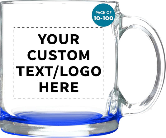 DISCOUNT PROMOS Custom Clear Glass Coffee Mugs 13 oz. Set of 10/50/100, Personalized Bulk Pack - Perfect for Coffee, Tea, Espresso, Hot Cocoa, Other Beverages - Blue Bottom