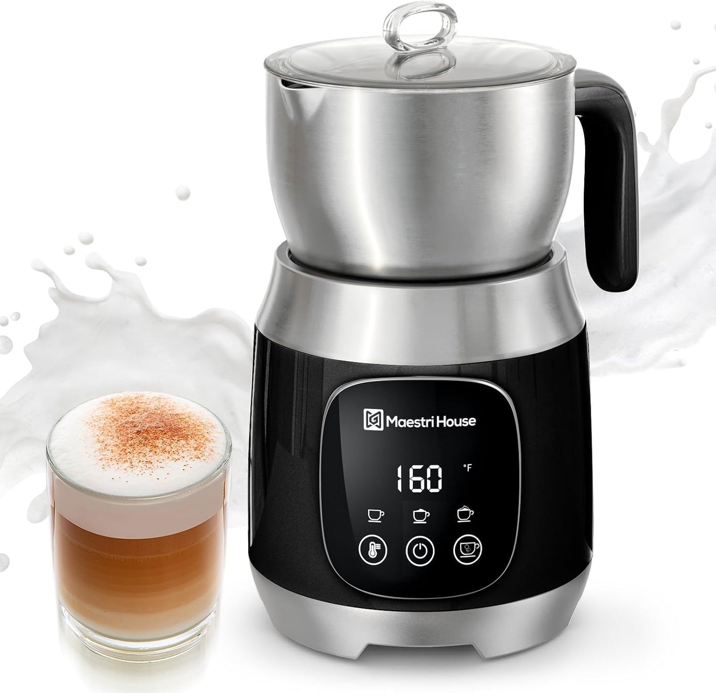 Maestri House DualFro 600 Milk Frother and Steamer 21oz/600mL | Variable Temp 4 Settings &amp; 3 Froth Levels, Memory Function for Latte Cappuccino Hot Chocolate, Dishwasher Safe,Brush Included