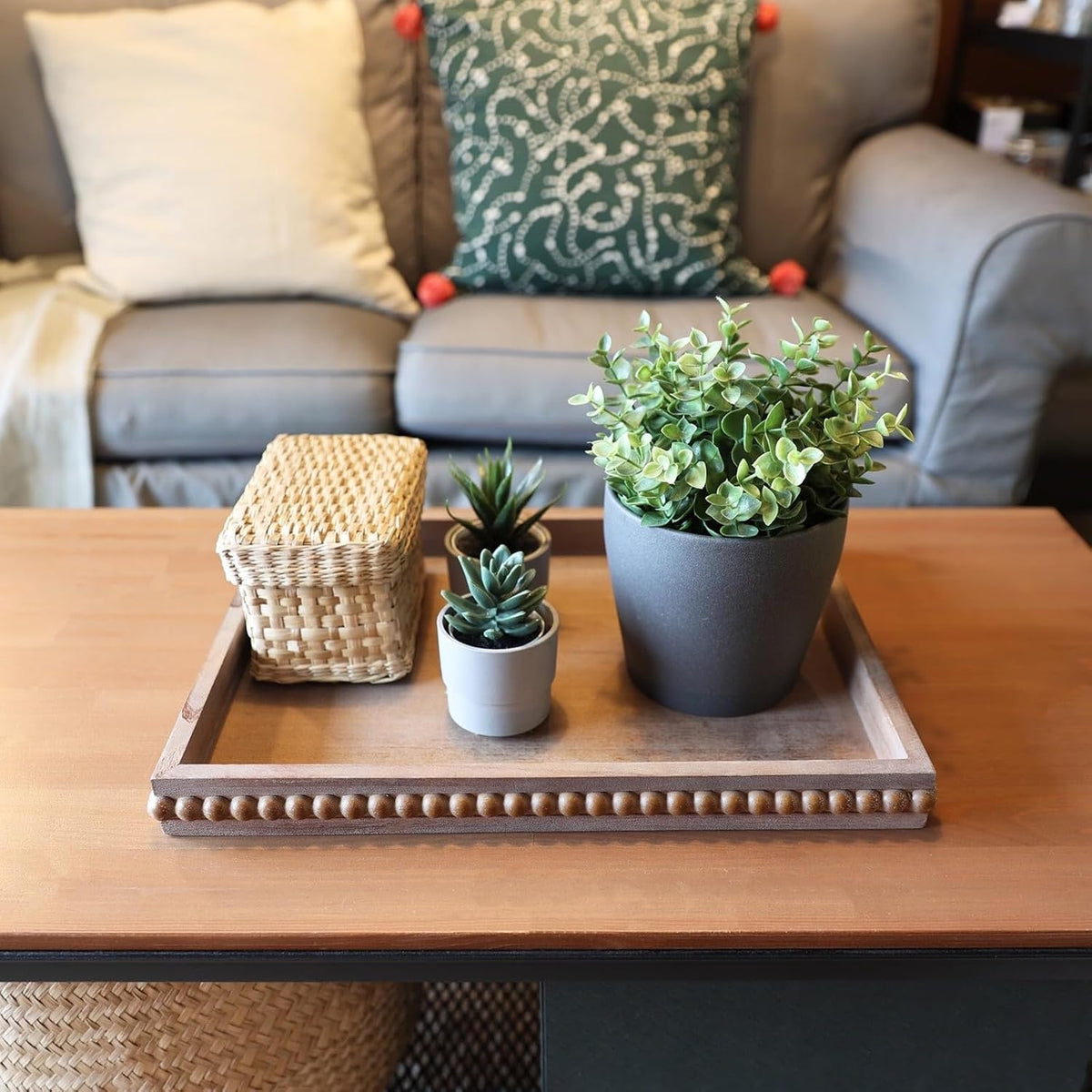 Hrastany Wood Decorative Tray, Distressed Outdoor Serving Tray with Wooden Bead for Ottoman, Coffee Table, Entertaining, Home Decor, Rectangular 15.7”*11.8”*1.57” (Retro Brown)