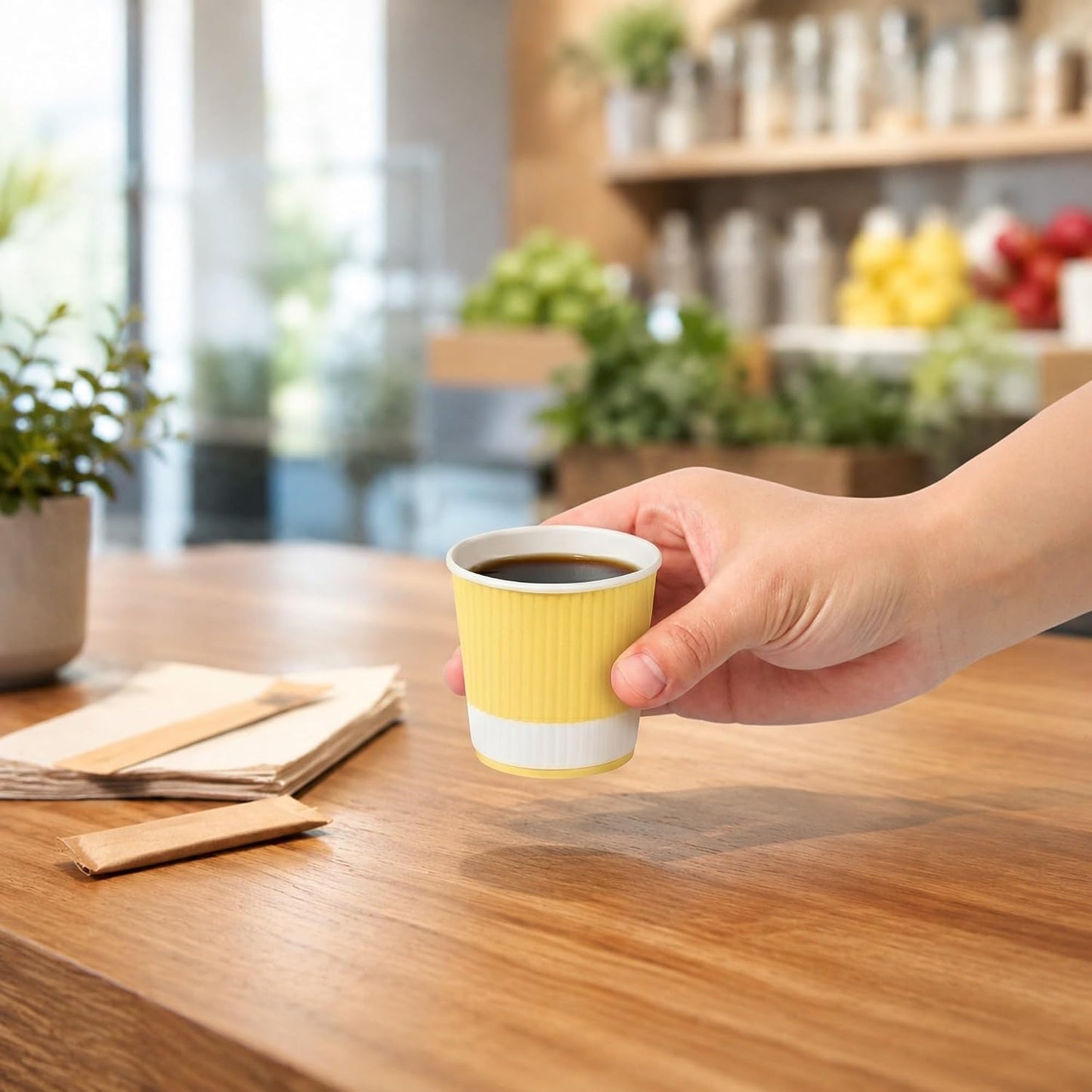 Restaurantware Ripple Wall Coffee Cups 500 Count 4 Ounce Insulated Light Yellow Paper Cups, Rolled Rim Spill-Resistant Disposable Paper Non-Slip for Coffee, Beverages