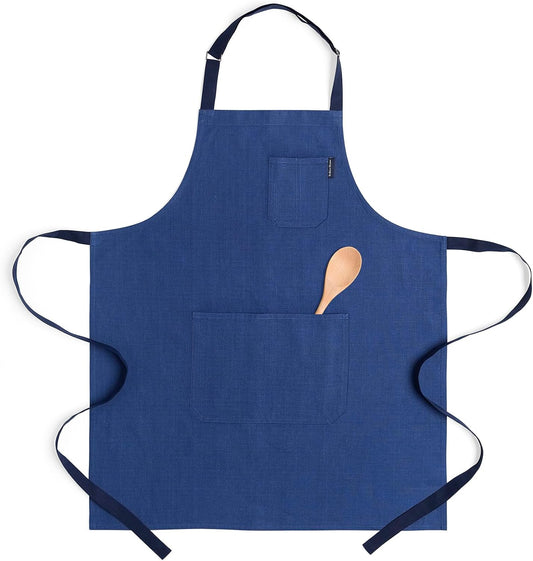 Solino Home 100% Pure Linen Apron, 32 x 27 in, Blue and Navy, Classic Apron