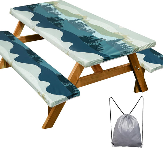 Picnic Table Cover with Bench Covers Camping Essentials Waterproof Windproof Camping Tablecloth with Drawstring Bag, Fit