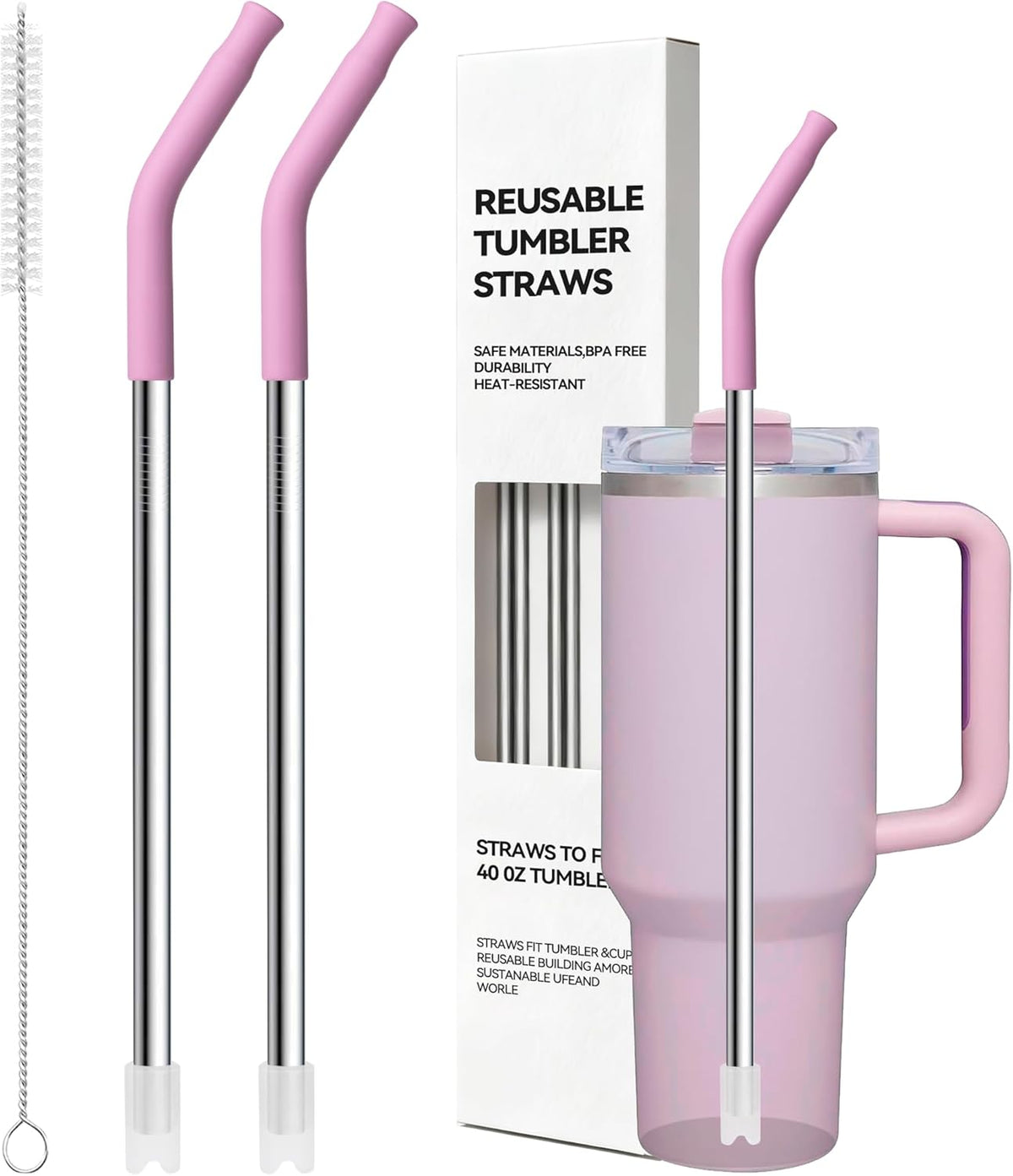 Stainless Steel Straws For Stanley 40 oz Tumble With Silicone Tip, 12.2'' Long Metal Straws Replacement for Stanley Quencher H2.0 40oz Cups,Fit Simple Modern 40oz Big Mugs&amp; Jar(Purplish Pink)