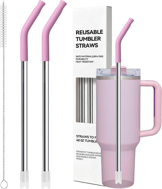 Stainless Steel Straws For Stanley 40 oz Tumble With Silicone Tip, 12.2'' Long Metal Straws Replacement for Stanley Quencher H2.0 40oz Cups,Fit Simple Modern 40oz Big Mugs&amp; Jar(Purplish Pink)