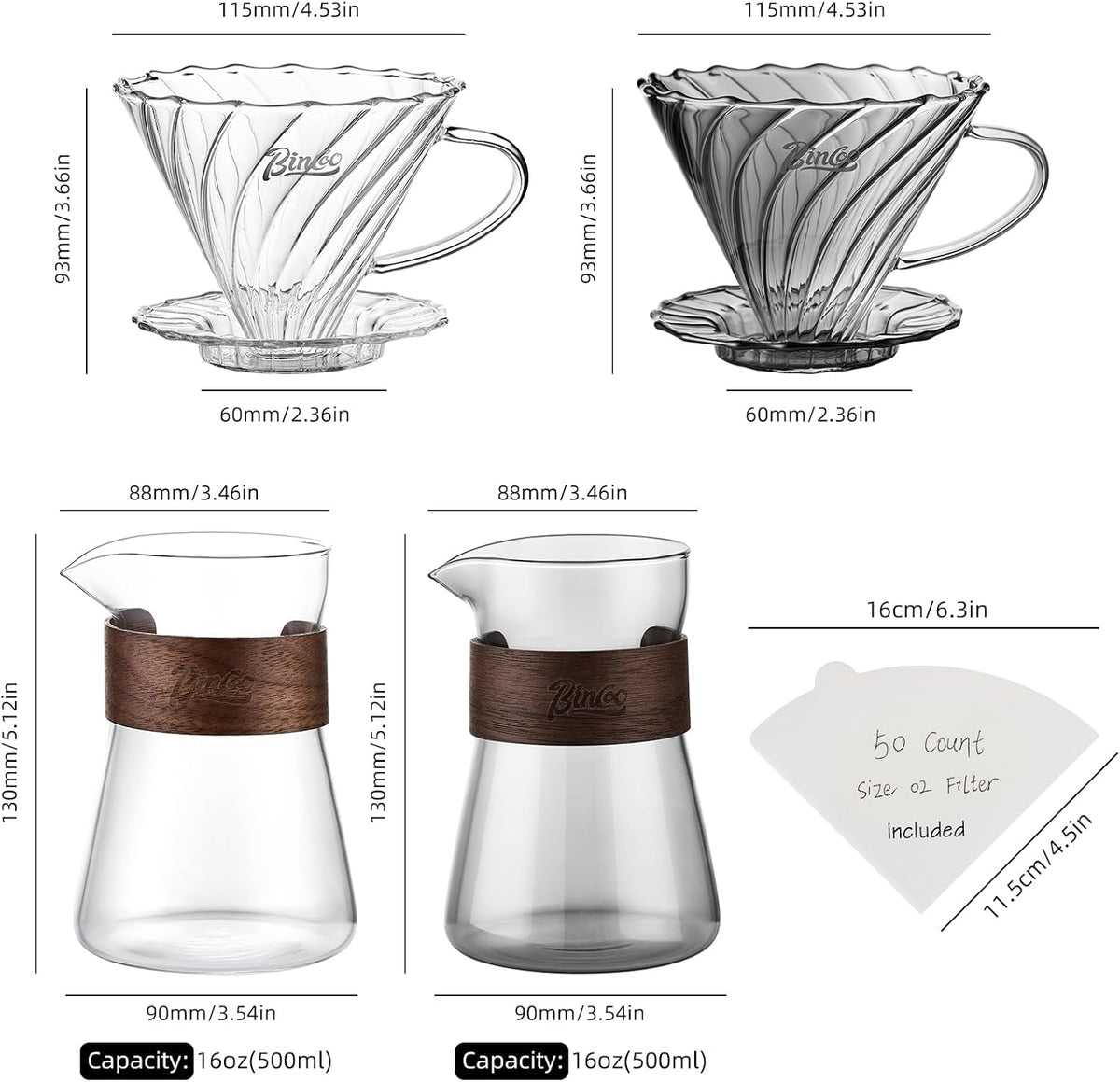 Bincoo Pour Over Coffee Dripper Set, V-shape 60° Cone Drip Coffee Maker, Included Borosilicate Glass Carafer and Coffee Dripper &amp; 50 Pcs Size 02 Paper Filter, 16oz(500ml) (Smoky Gray Set)