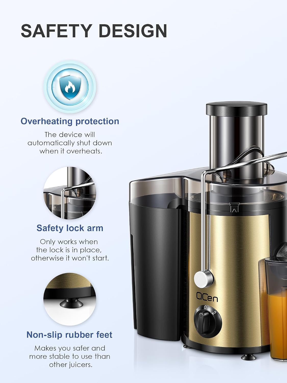 QCen Juicer Machine, 500W Centrifugal Juicer Extractor with Wide Mouth 3” Feed Chute for Fruit Vegetable, Easy to Clean, Stainless Steel, BPA-free (Gold)