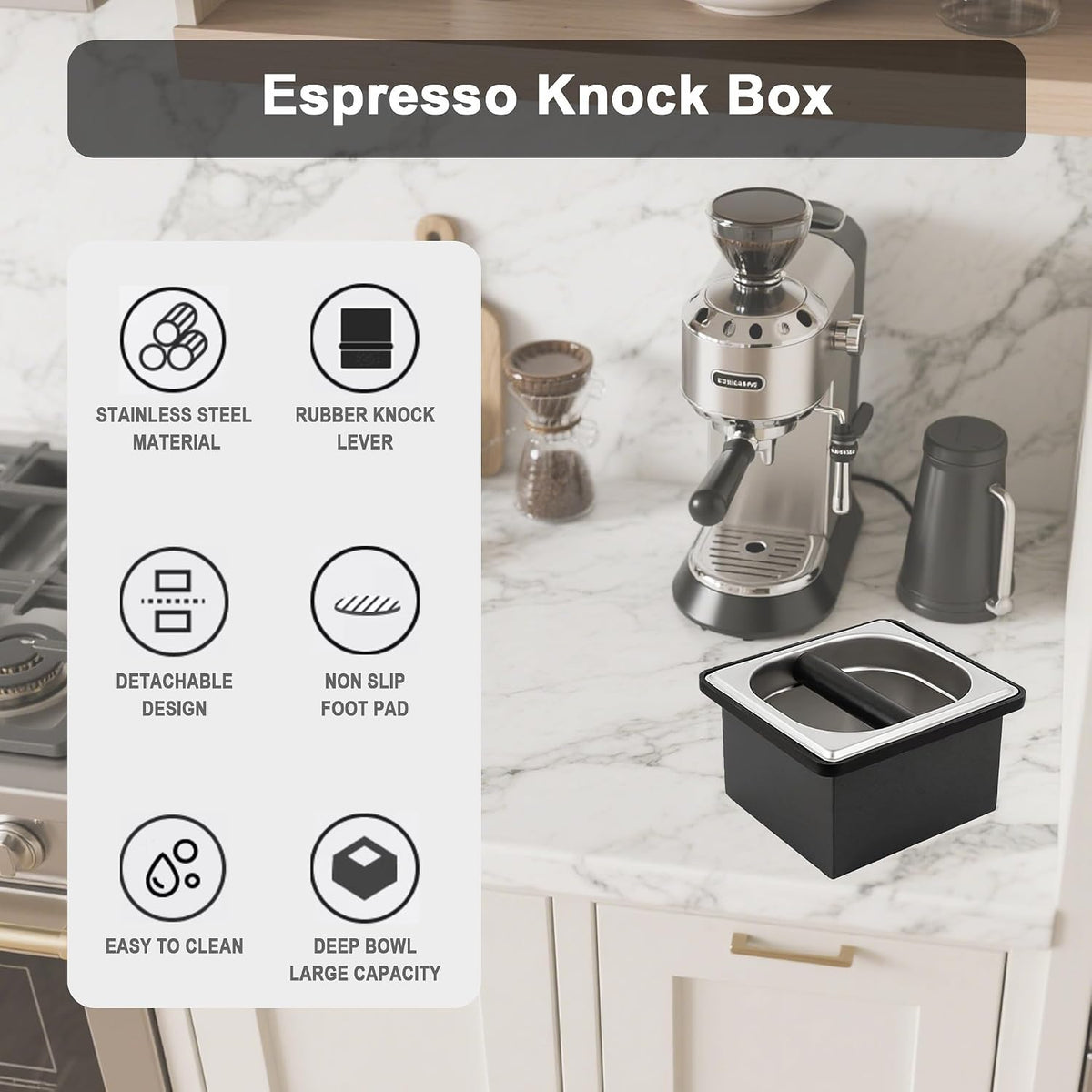 Espresso Knock Box, Coffee Knock Box for Espresso Grounds Disposal, Large Capacity, Equipped with Noise Reduction Rubber Ring &amp; Steel Holder, Ideal Tool for Espresso Machines, Black (Small)