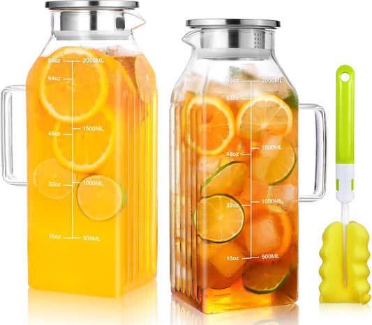 Aofmee 68oz Glass Pitcher with Lid and Handle for Fridge, Clear 2pc | Iced Tea Pitcher for Fridge, Borosilicate Glass Carafe, Sun Tea Jar, Dual Pour Stainless Lid, Dishwasher Safe
