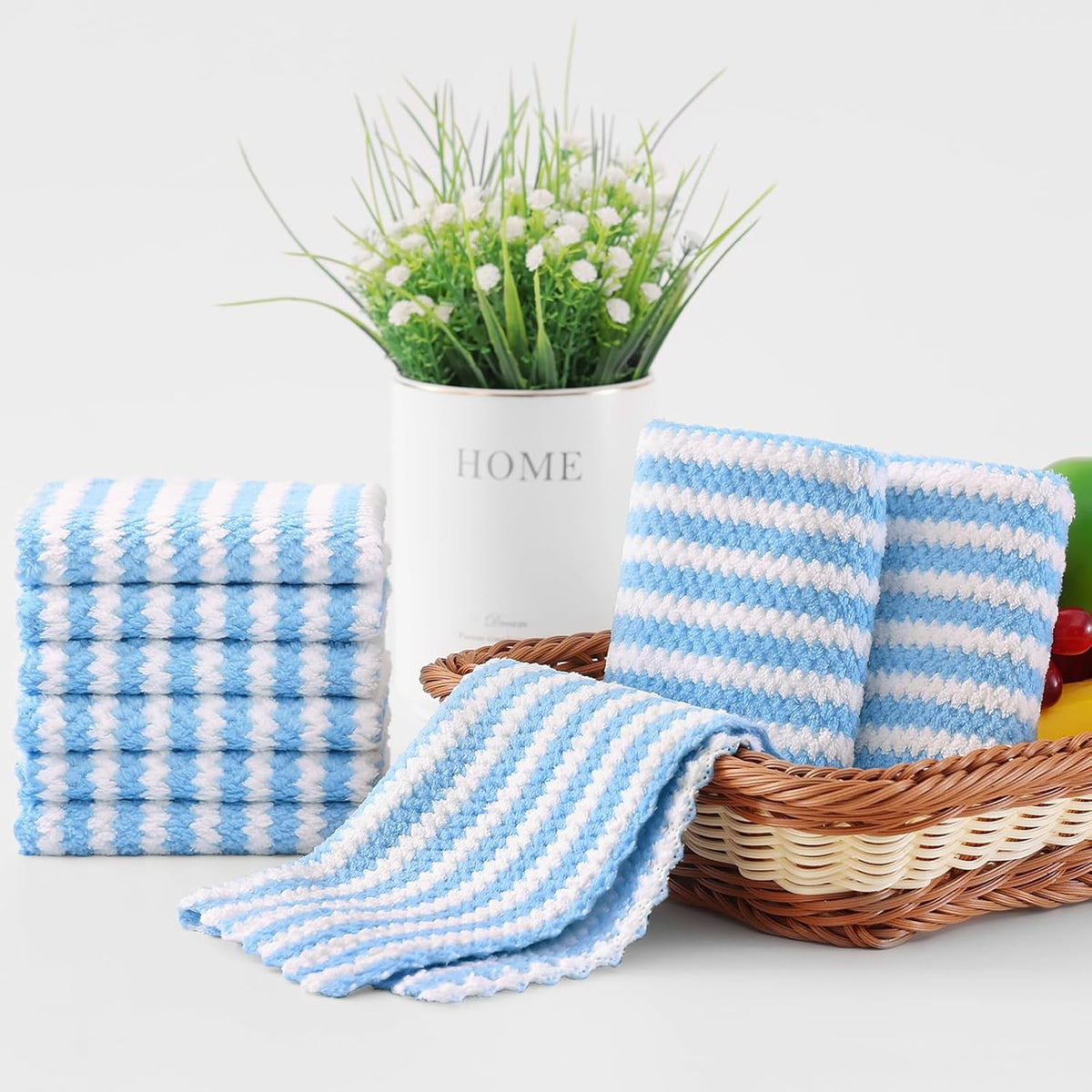Homaxy 12 Pack Kitchen Dish Cloths, Ultra Soft and Absorbent Dish Towels, Reusable Fast Drying Microfiber Cleaning Cloth, Coral Velvet Wave Design No-lint, 10 x 10 inches, Blue