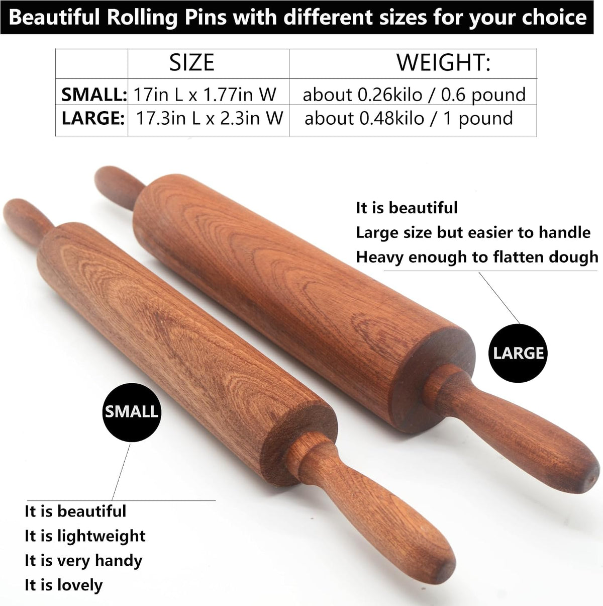Classic Sapele Wooden Rolling Pin With Handles Large17.3"L x 2.3"W