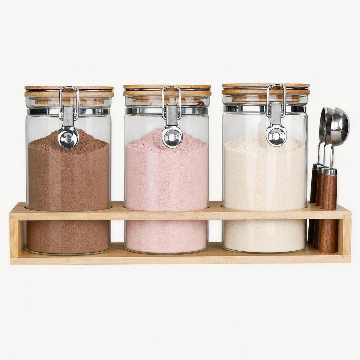 Glass Protein Powder Container Set, 40oz (1200ml) Airtight Collagen Storage Jars with Bamboo Lids &amp; 1 TBSP Measuring Spoons (3 Pack) - Wide Mouth Aesthetic Countertop Dispenser Organizer for Kitchen