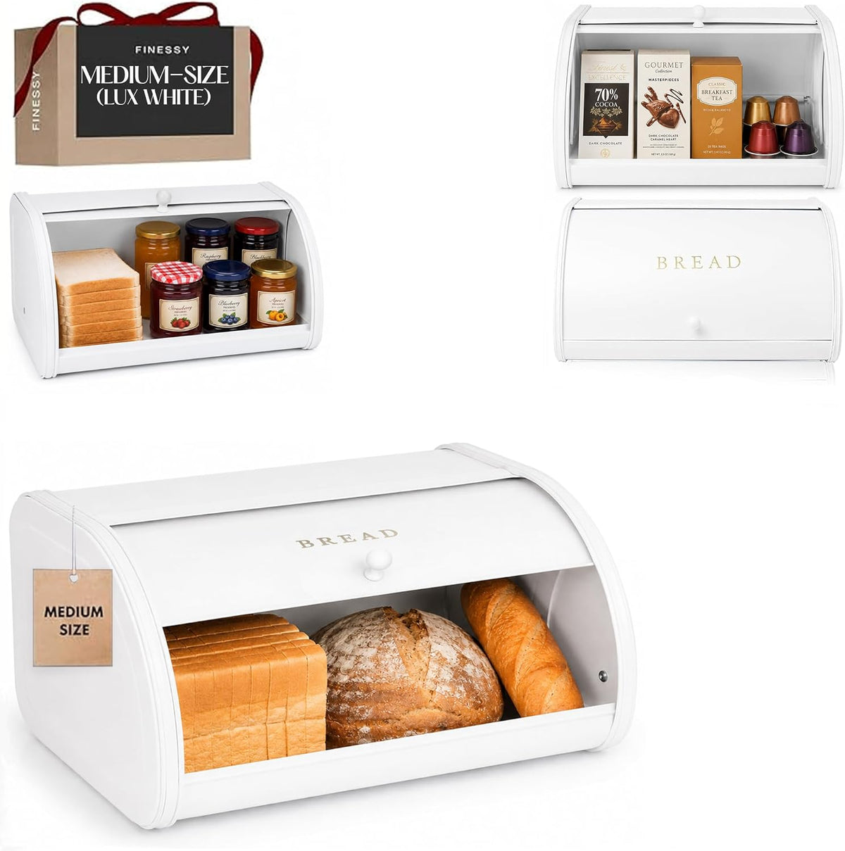 Modern Metal White Bread Box for Kitchen Countertop for Homemade Loaf Sourdough, Roll Top Breadbox for Kitchen Countertop Storage Container Bin, Farmhouse Stainless Steel Bread Keeper for Counters
