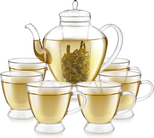 Teabloom Grand Bouquet Borosilicate Glass Tea Set for Six – Elegant 50oz Teapot with Microdot Infuser & Six 8oz Teacups – A