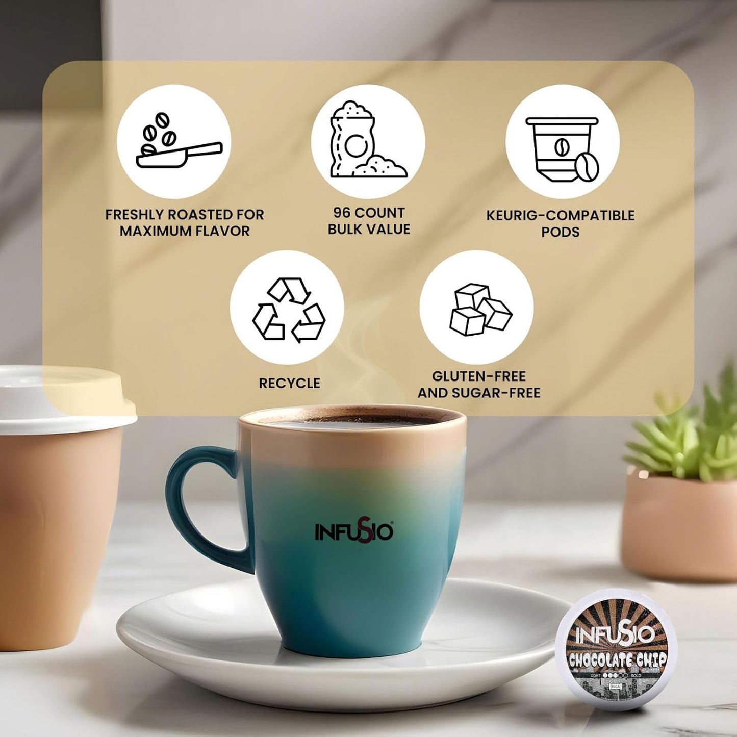 InfuSio Coffee Pods 96 Count Chocolate Chip Medium Roast Single Serve Coffee Pods for Keurig K Cups Brewers - InfuSio Premium Roasted Keurig 2.0 Compatible