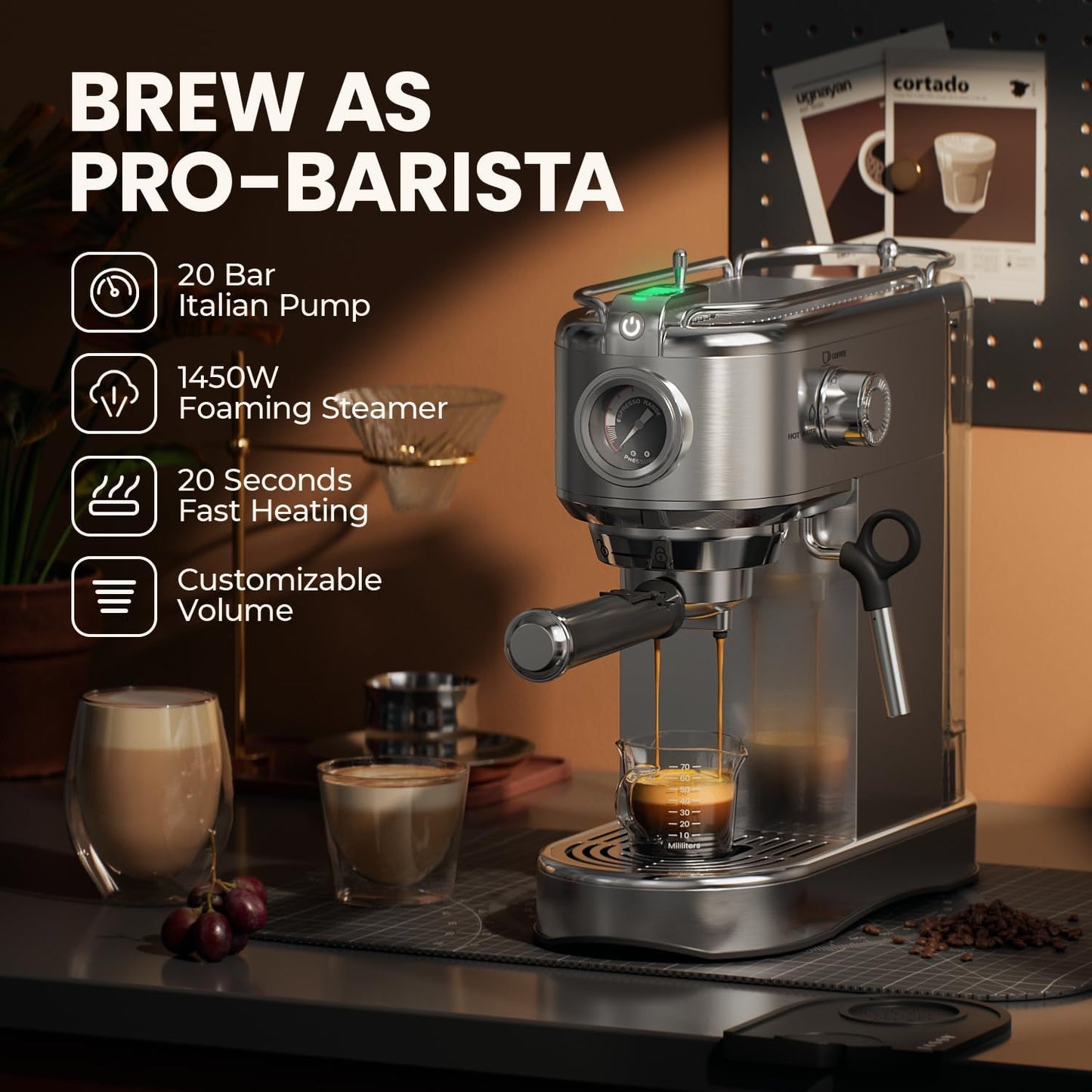 Espresso Machine - 20 Bar Espresso Maker with Milk Frother Steam Wand, Coffee Maker for Latte &amp; Cappuccino, 1450W Semi-Automatic Coffee Machine with 34oz Removable Water Tank, Compact Kitchen