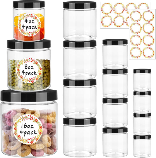 12pcs Plastic Jars with Lids 16 oz & 8 oz & 4 oz, Leakproof Storage Containers Clear Plastic Mason Jars for Peanut, Spice,