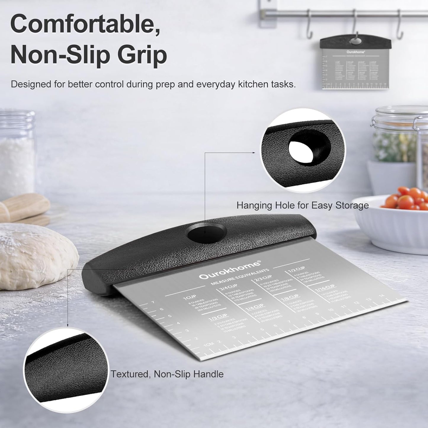 Ourokhome 2 Pack Bench Scraper Dough Cutter, Stainless Steel Dough Scraper with Laser-Etched Scale, Conversion Chart, Non-Slip Handle, Dishwasher Safe for Bread &amp; Pastry, Black