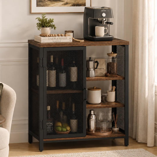 BON AUGURE Coffee Bar Cabinet for Home Liquor, Small Storage Cabinet for Kitchen and Entryway, Farmhouse Industrial Buffet Sideboard Credenza with Adjustable Shelves (Rustic Oak)