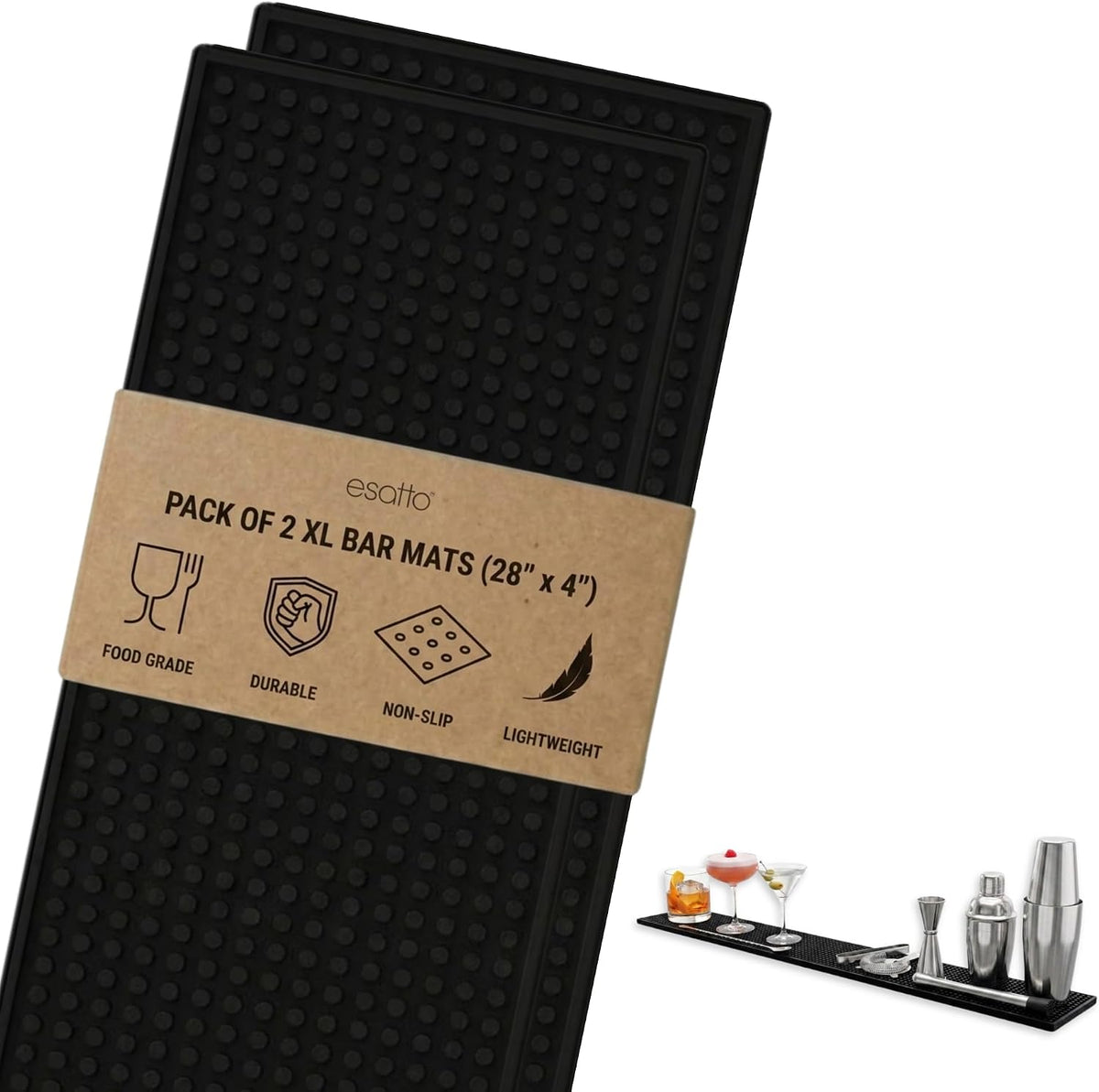Esatto 27.5” x 3.87” XL Professional Service Spill Bar Supply Mat Anti-Skid Bartender Mat Non-Slip Black Bar Mat for Coffee Drinks Mixing Pad for Bars, Home, Kitchen, Pubs, Restaurants (2 Pack, Black)