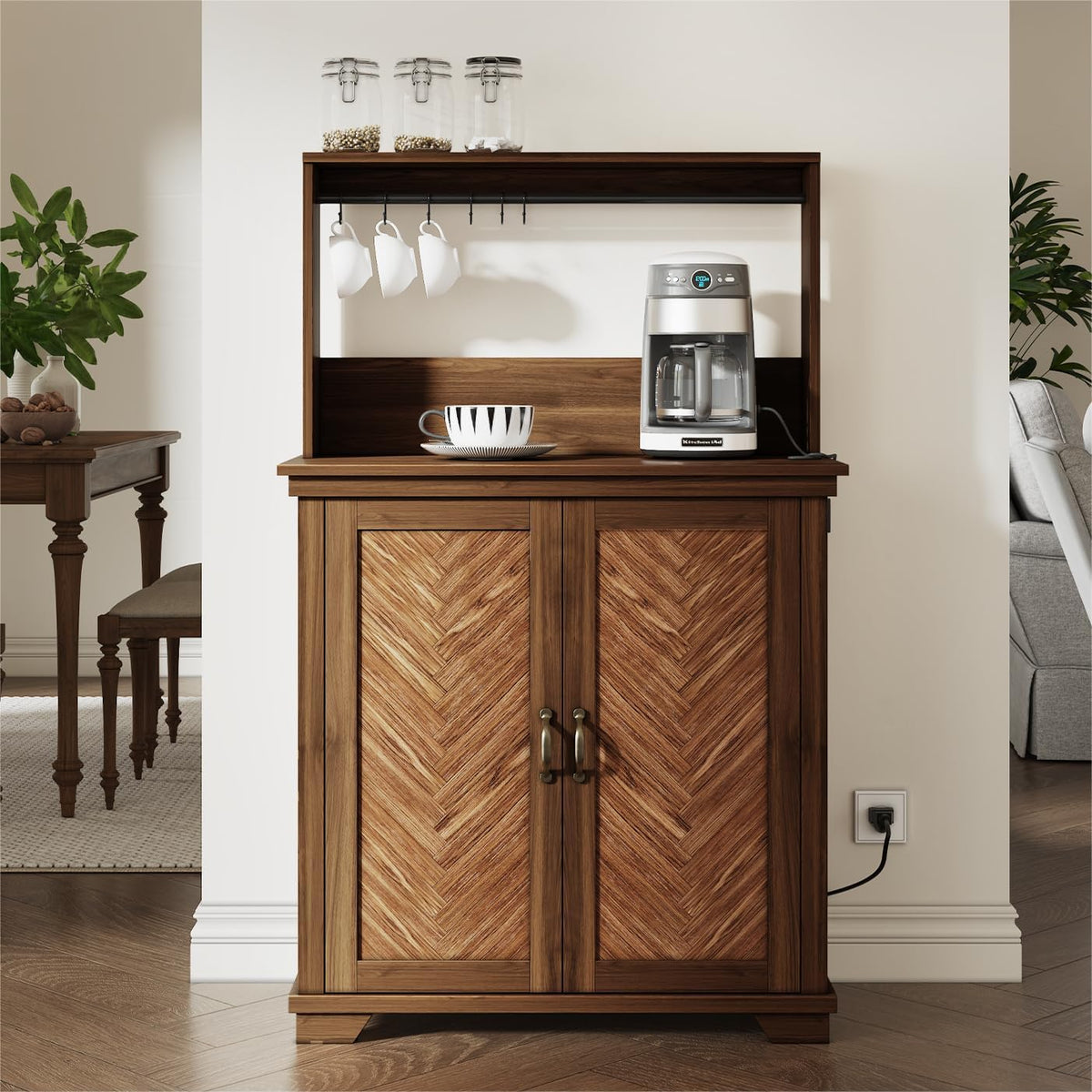 JOINICE Coffee Bar Cabinet with Storage and Charging Station,Walnut | Farmhouse,Herringbone Panel,31.5" Countertop Space,Holds 100lbs,Open Top Shelf+Adjustable Shelf,USB/AC,6-Hook,Easy Assembly