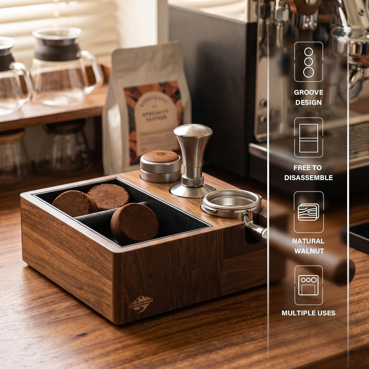 Coffee Knock Box for 58mm Portafilter - 4-in-1 Natural Walnut Espresso Tamping Station, Distributor &amp; Tamper Holder, 1.5L Large Capacity Coffee Grounds Container for Coffee Bar Accessories