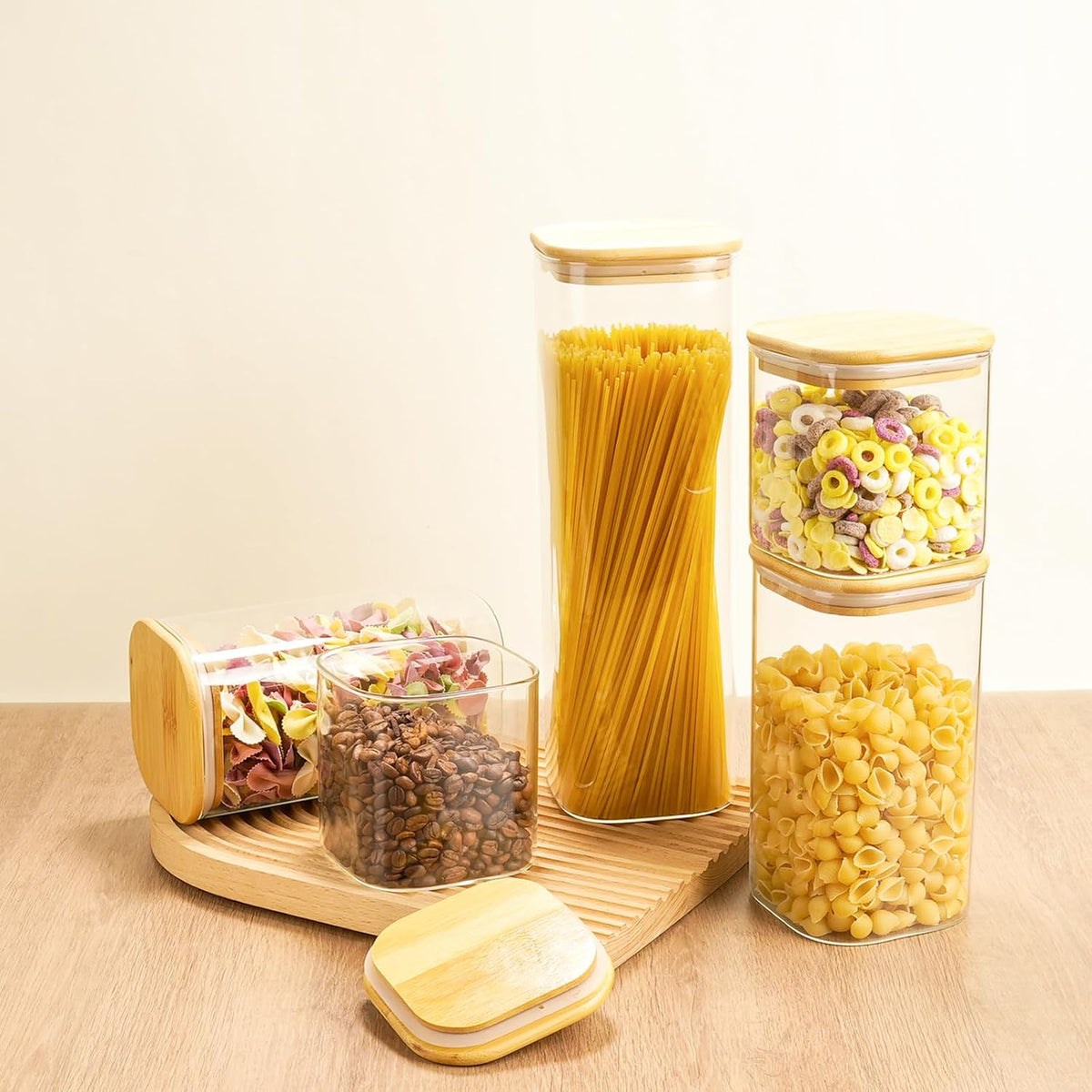 5 Set Glass Jars with Bamboo Lids, Square Food Storage Containers, Glass Pantry Storage Containers with Lids for Pasta, Cereal, Flour, Sugar