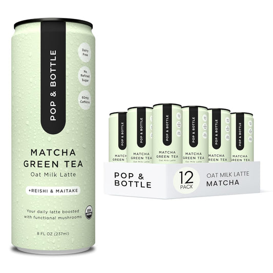 Pop & Bottle, Oat Milk Lattes - Matcha with Reishi and Maitake Mushrooms, Green Tea Latte, MCT Oil, Organic, Dairy Free,