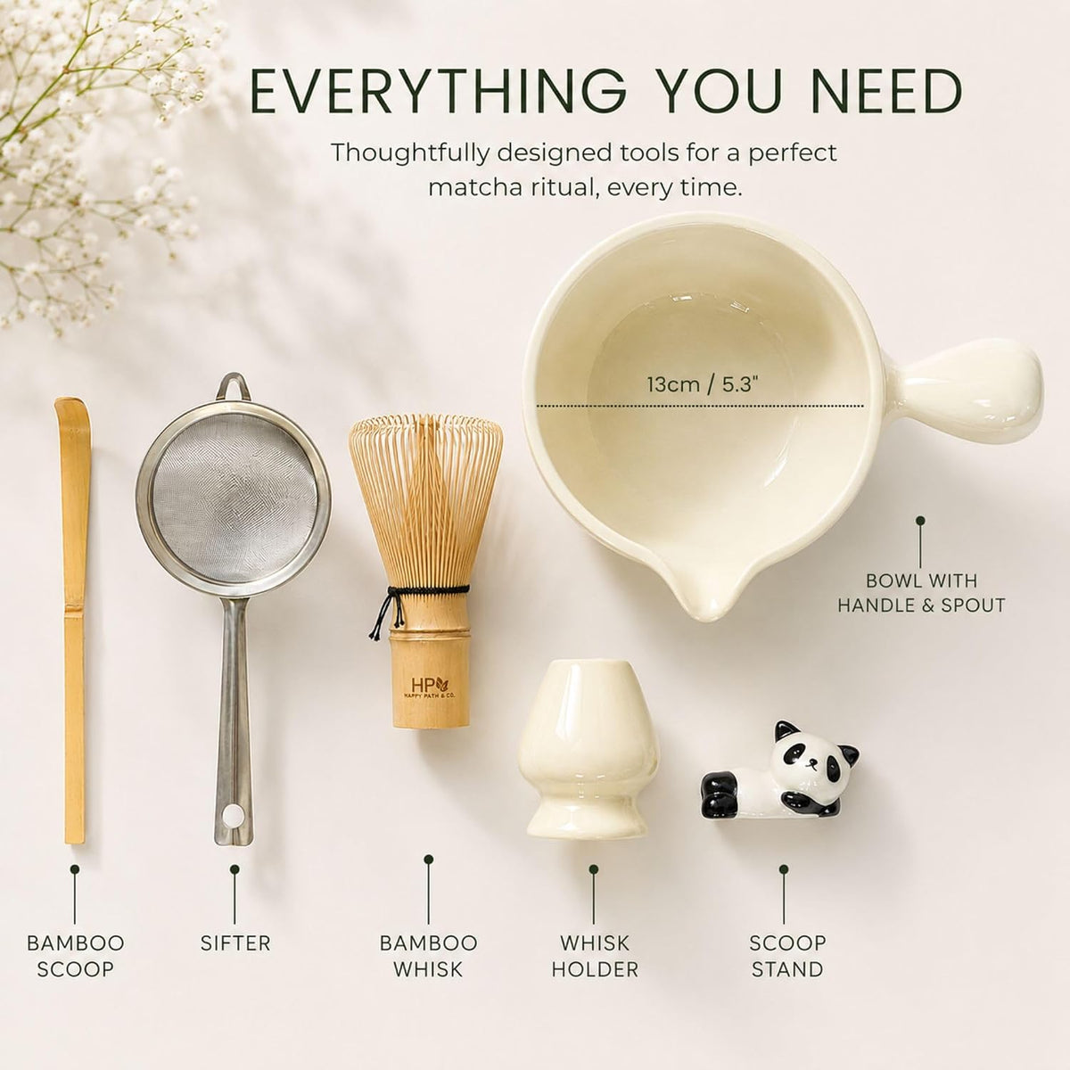 HAPPY PATH & CO Patented Matcha Bowl Set with Handle & Spout - Spill-Free Pouring