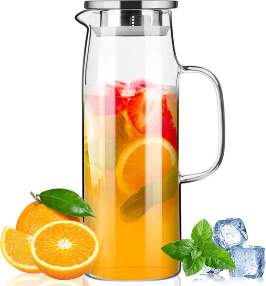 PARACITY Glass Pitcher with Lid and Spout 50oz/ 1.5L, Hot/Cold Water Pitcher, Iced Tea Pitcher for the Shelf of Fridge, Easy