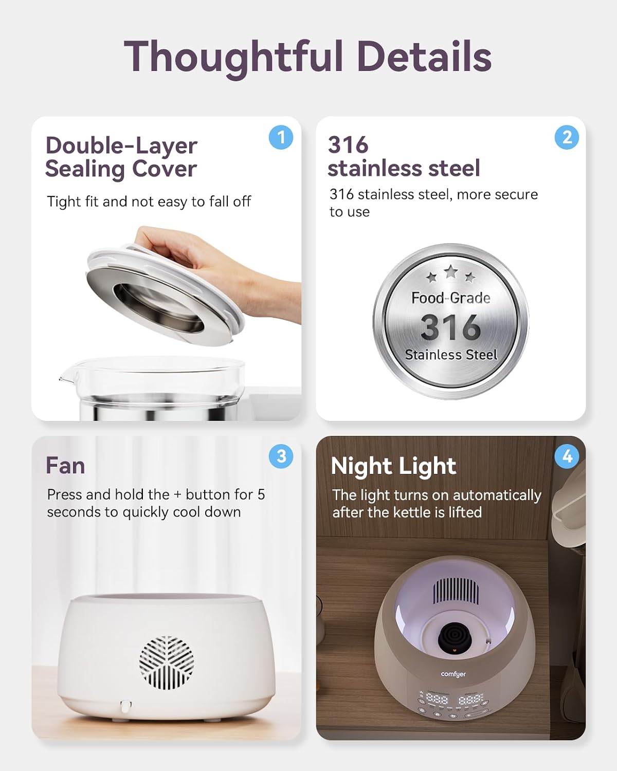 comfyer BK01 Bottle Warmer, Baby Bottle Warmer with Night Light &amp; Faster Cooling Fan, Instantly Water Warmer, Tea Kettle Electric with 6 Temperature Control Presets, Feed Baby More Easier &amp; Healthier