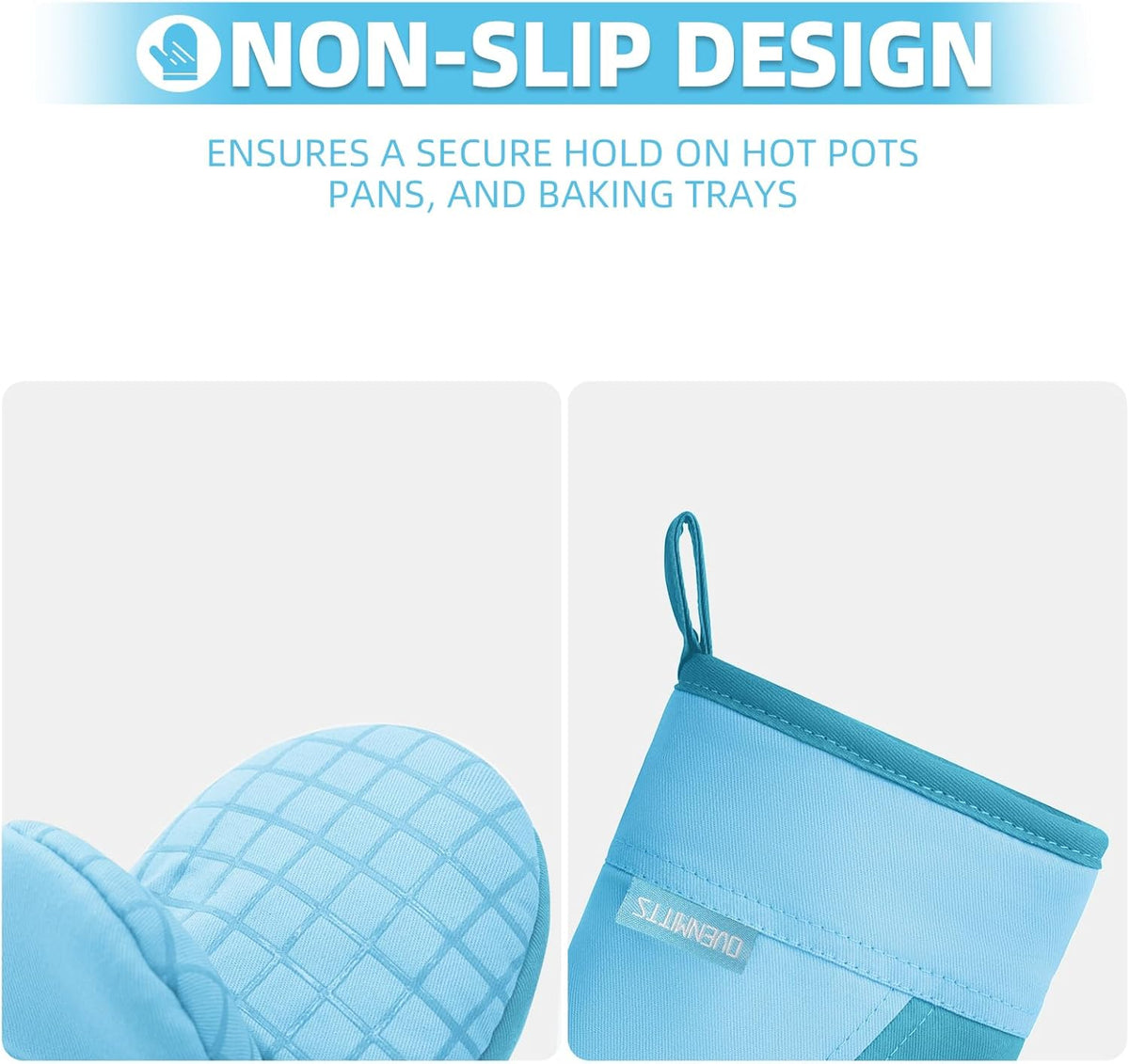 Mini Oven Mitts, Kitchen Oven Gloves Kitchen Mittens 500 Degrees Heat Resistant Baking Gloves, Non-Slip Silicone Surface with Hanging Loops Hot Gloves for Cooking, Baking, BBQ 1 Pair-Blue