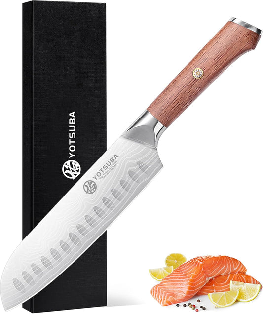 YOTSUBA Santoku Knife, 7 Inch Kitchen Knife, Sharp Japanese Knife with Wooden Handle, Forged High Carbon German Stainless