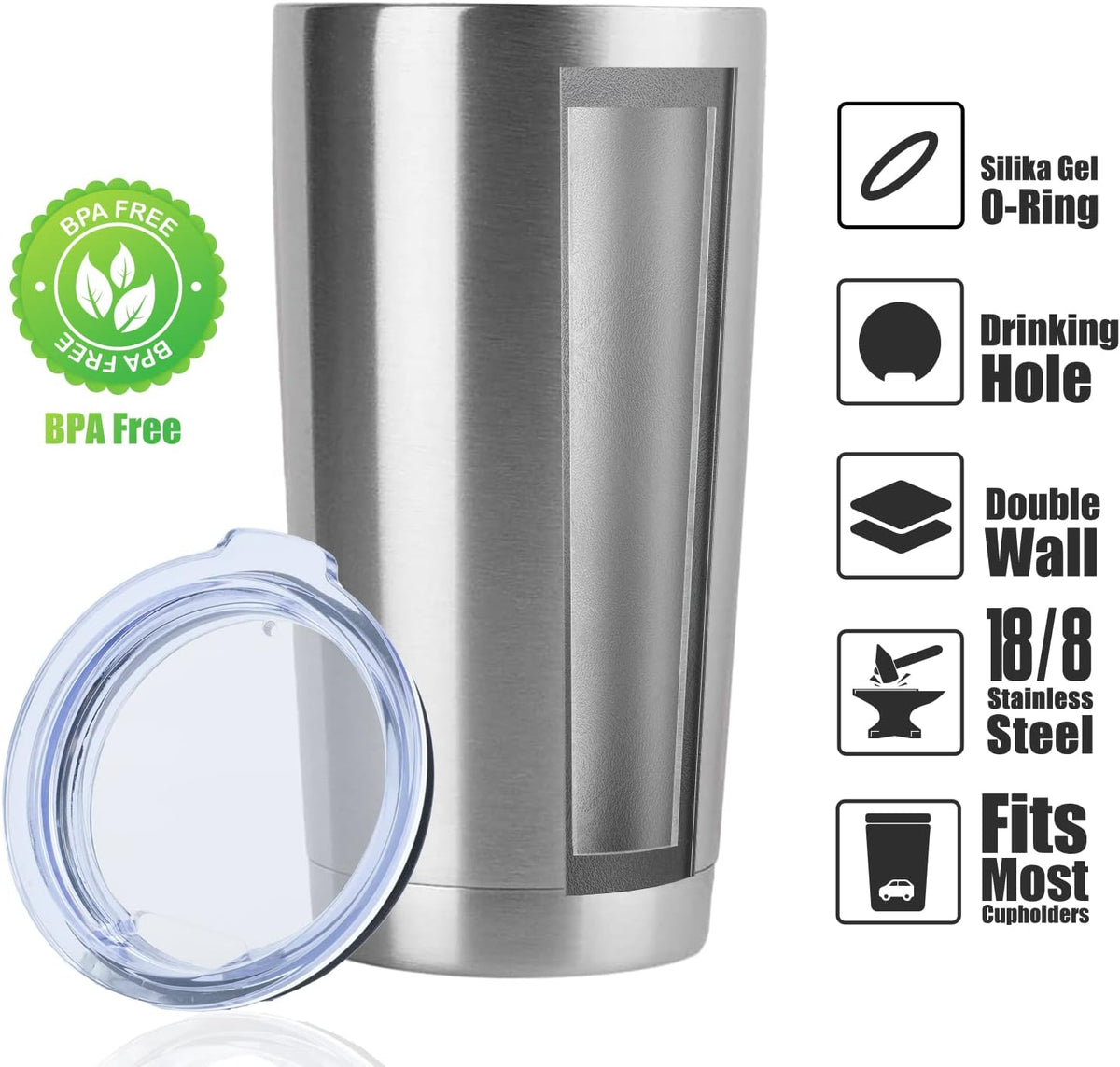 DOMICARE 20oz Stainless Steel Tumbler Bulk with Lid, Double Wall Vacuum Insulated Travel Mug, Powder Coated Coffee Cup, Stainless Steel, 1 Pack