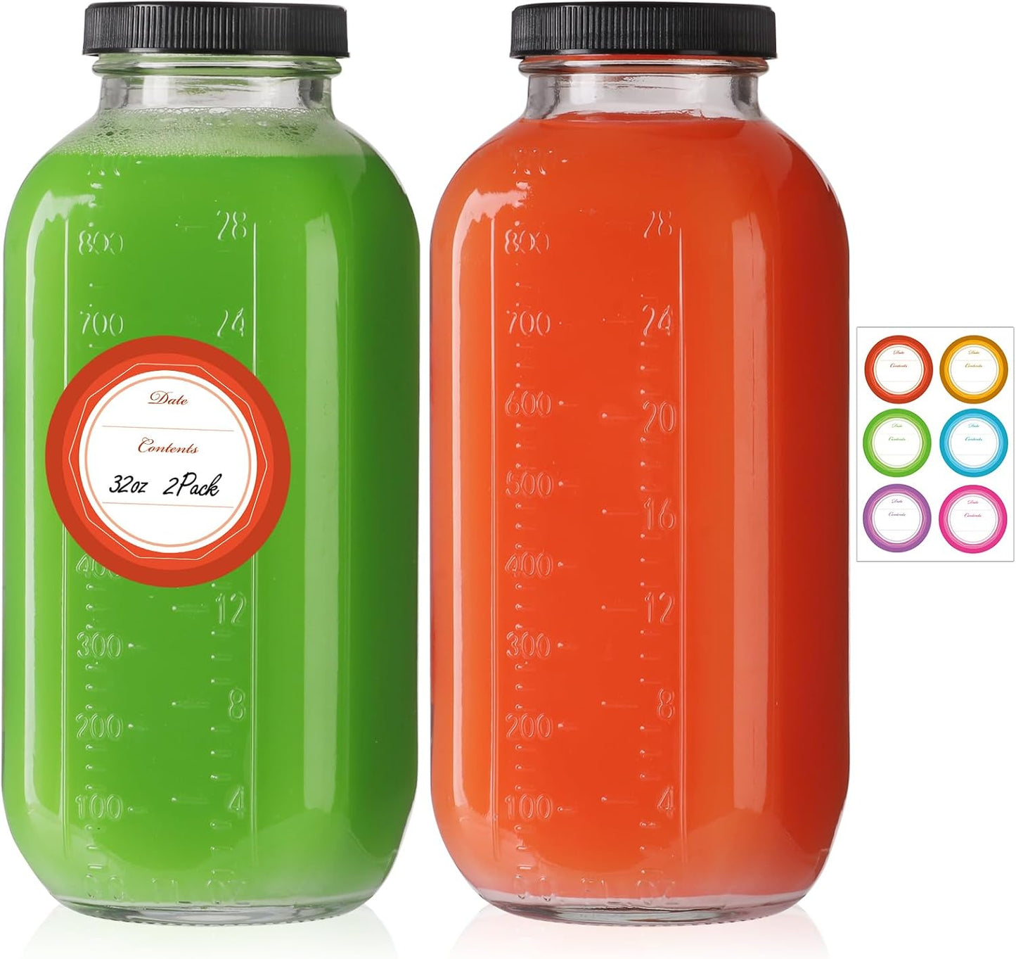 STARSIDE 32 oz Glass Juice Bottles with Lids 2 Pack - Square Reusable Drinking Jars for Juicing, Mil