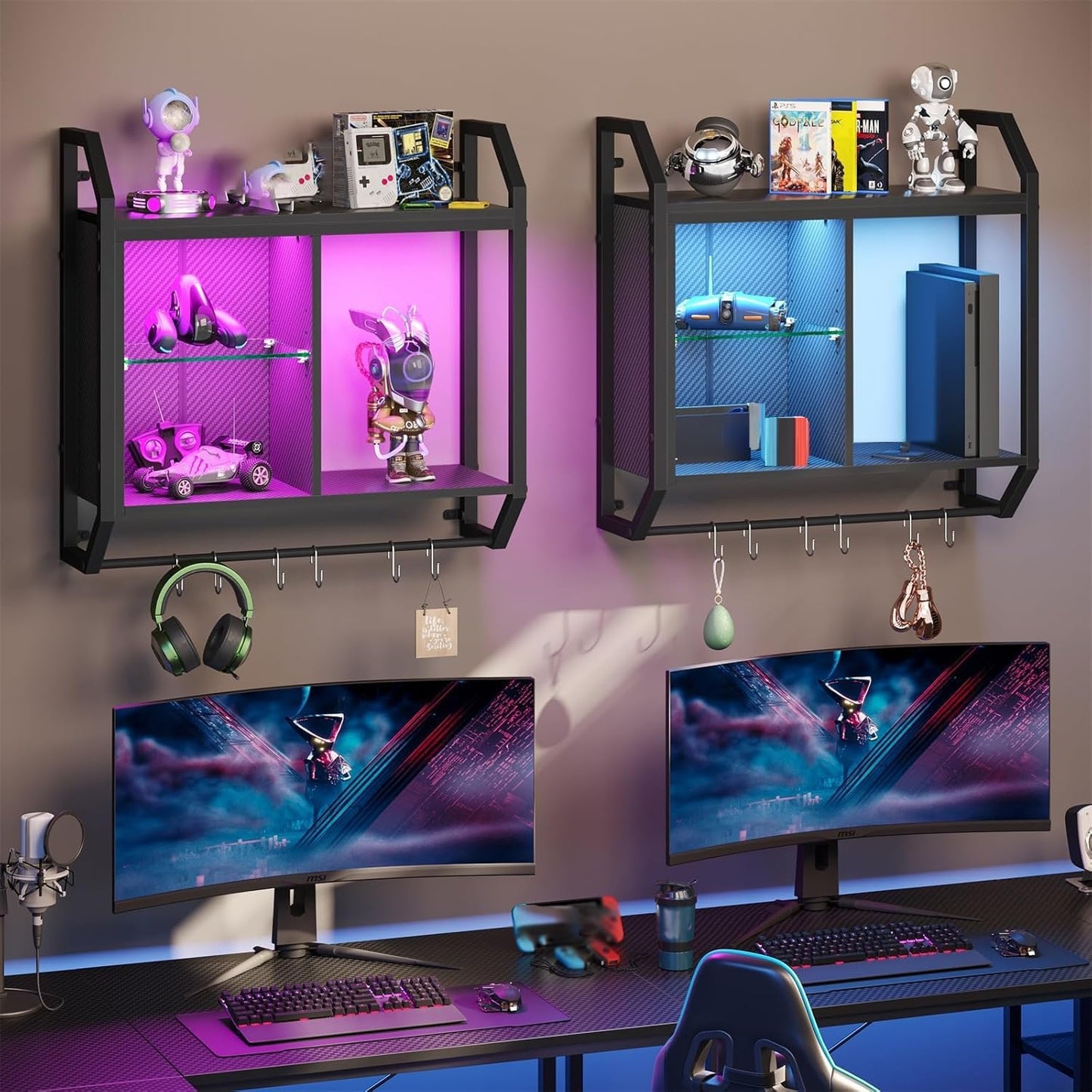 Bestier 25" LED Gaming Floating Shelves for Wall, Wall Mounted Shelf Pipe Adjustable Glass Shelves, Hanging Display Rack with 6 S-Hooks Towel Bar, Gaming Room Decor Shelf, Carbon Fiber Black