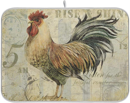 Farmhouse Rooster Dish Drying Mat 16 x 18 Inch with Hanging Loop High Absorbent Reversible Microfiber Dish Drying Pad Dish