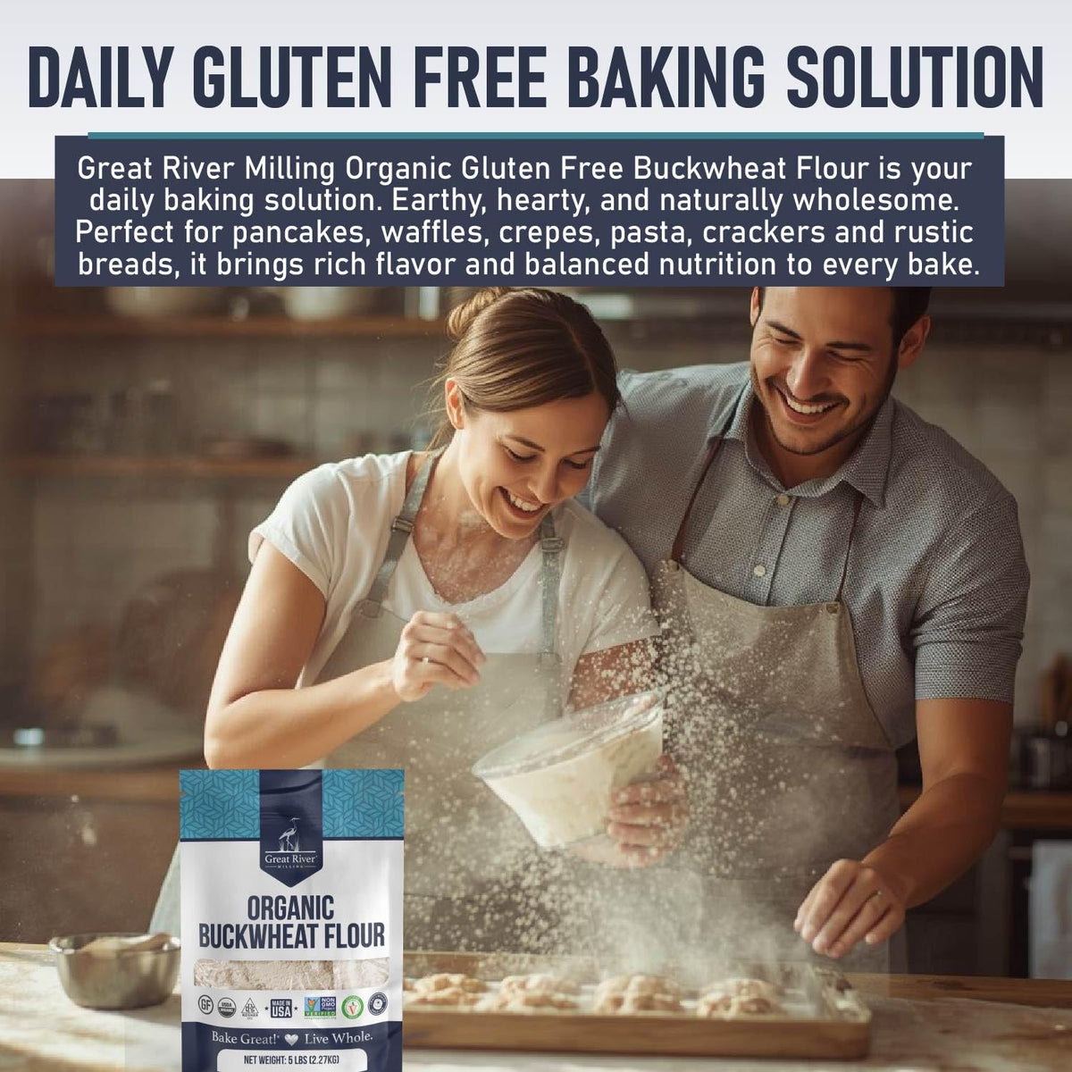 Great River Milling Organic Buckwheat Flour, Gluten Free, 5 lb | Organic Buckwheat Flour for pancakes, waffles, crepes, galettes, muffins, quick breads and flour blends; rich earthy flavor