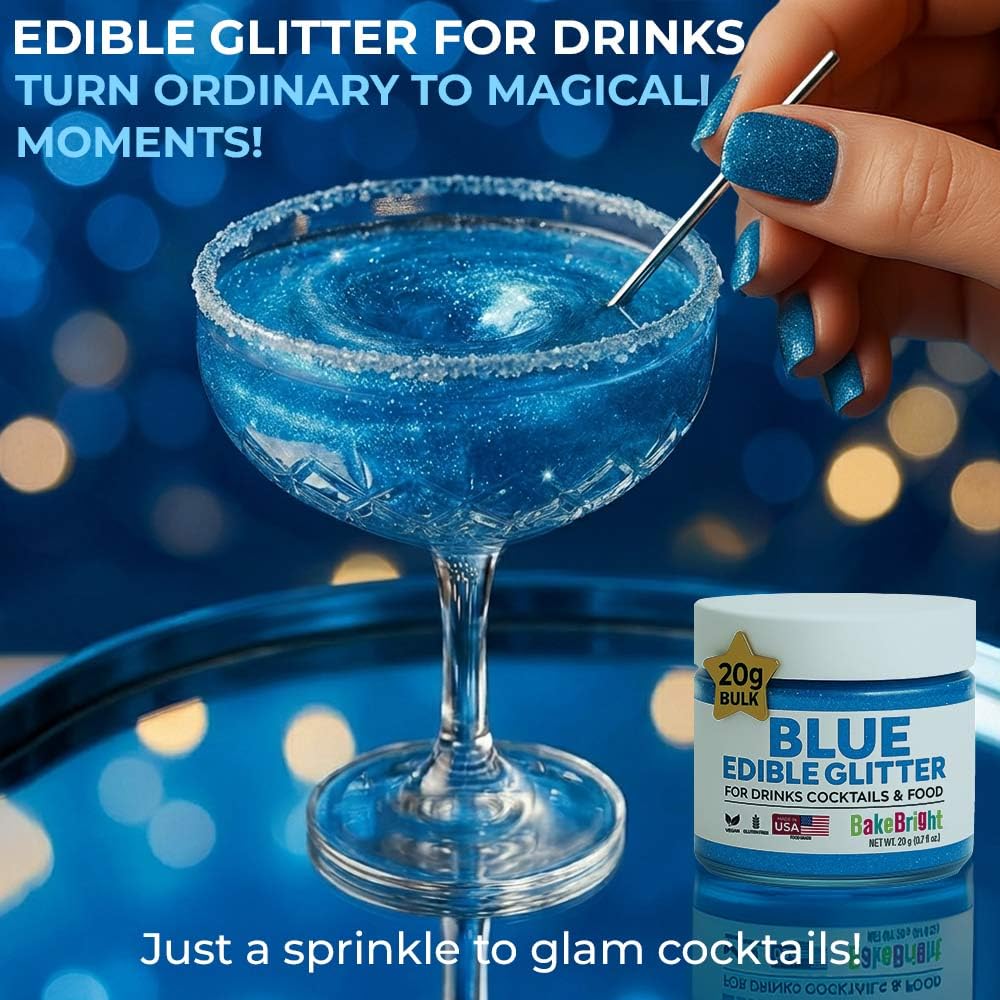 Blue Edible Glitter for Drinks Bulk 20g | Premium Edible Glitter for Cakes, Cocktails, Blue Cake Decorating Decorations Food Grade, Vegan, Kosher, Halal, Gluten Free - Made in USA