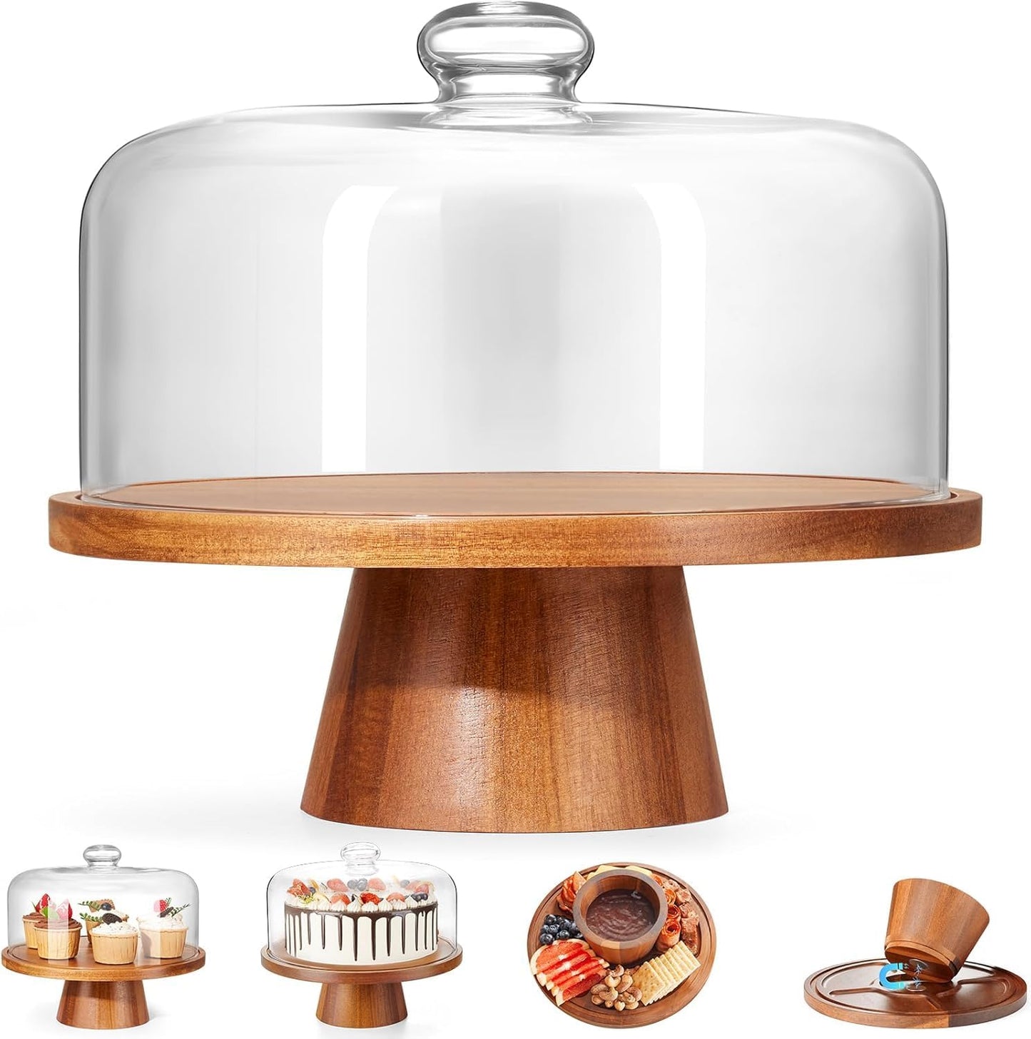 VIVIRBIEN Wooden Cake Stand with Lid: 11in Stand w/Magnetic Pedestal | Durable Glass Dome-Solid Acacia Holder-Multi-use for Dessert/Cupcake-Ideal for Kitchen/Birthday/Party/Decor/Charcuterie