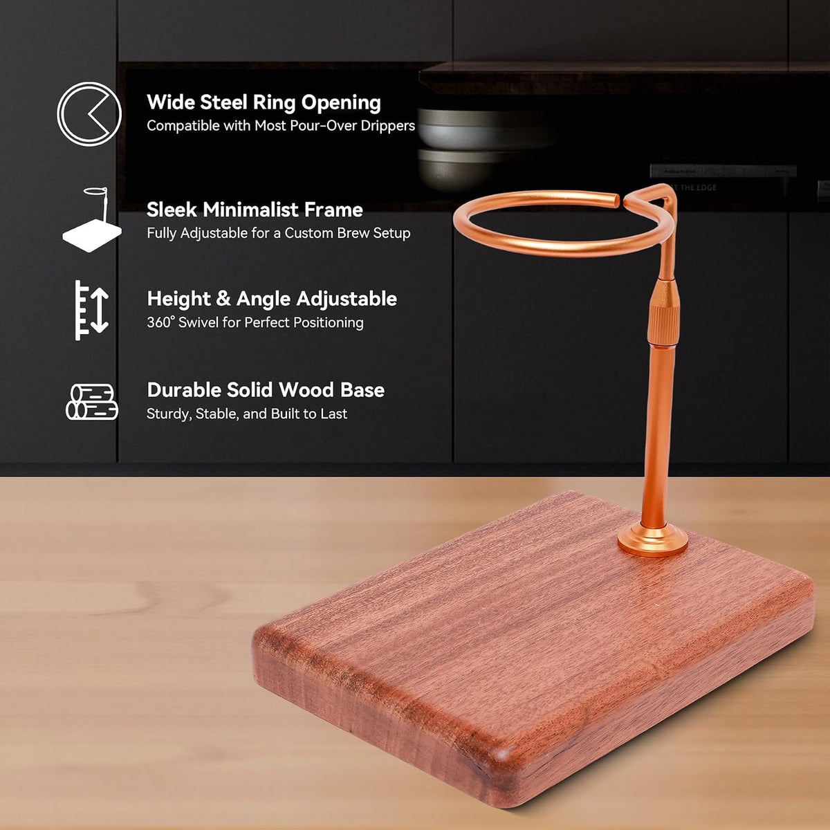 Pour Over Coffee Maker with Adjustable Stand &amp; Wooden Base, Dripper Stand for Manual Coffee Brewing, Coffee Filter Holder, Tea Strainer Stand for Home, Café, Restaurant, Camping, Golden