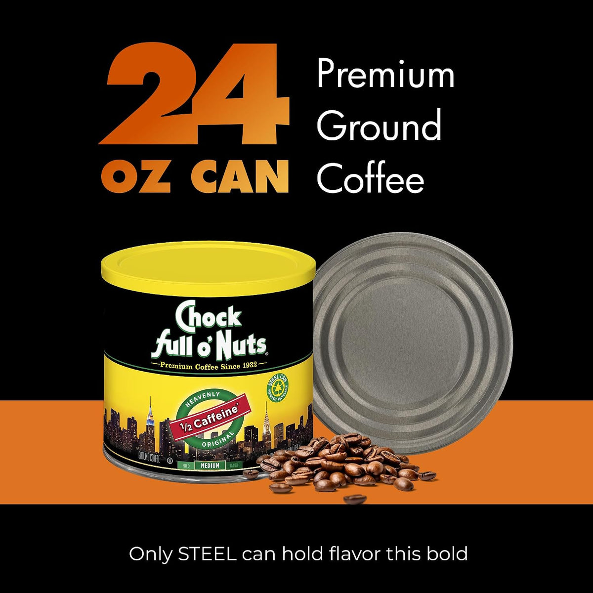 Chock Full o' Nuts Heavenly Original Half Caffeine Ground Coffee – Premium Beans in Recyclable Steel Can – Rich Flavor &amp; Aroma, Medium Roast – Perfect for Drip, Pour-Over, Percolator – 24 Oz Can