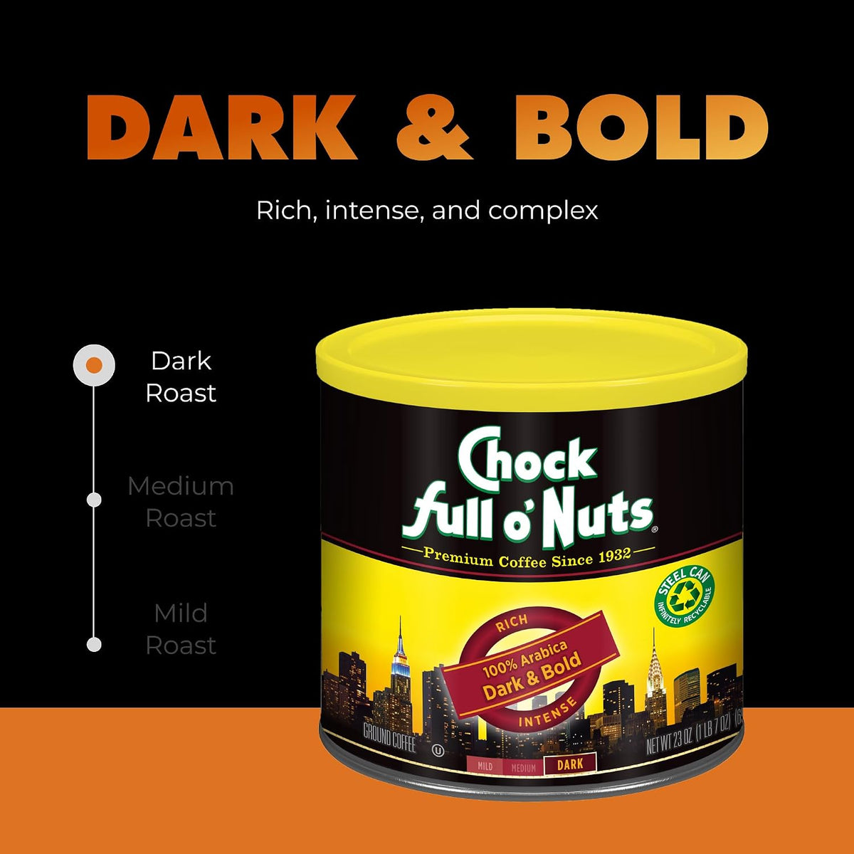 Chock Full o' Nuts Dark &amp; Bold Ground Coffee – Premium Beans in Recyclable Steel Can – Rich Flavor &amp; Aroma, Dark Roast – Perfect for Drip, Pour-Over, Percolator – 23 Oz Can