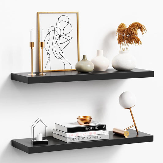Floating Shelves for Wall, Black Wood Set of 2, 24" Mounted Shelf for Kitchen, Living Room, Bedroom, Bathroom Storage, Book
